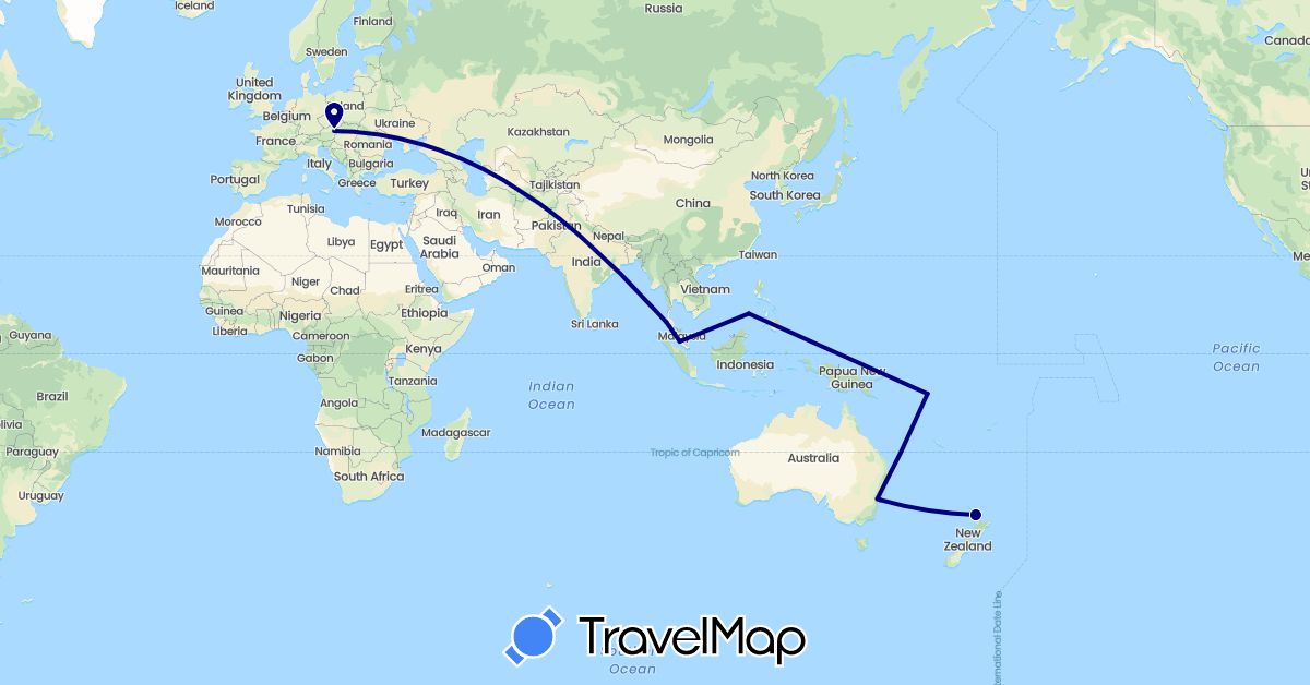 TravelMap itinerary: driving in Austria, Australia, Malaysia, New Zealand, Philippines, Solomon Islands, Thailand (Asia, Europe, Oceania)
